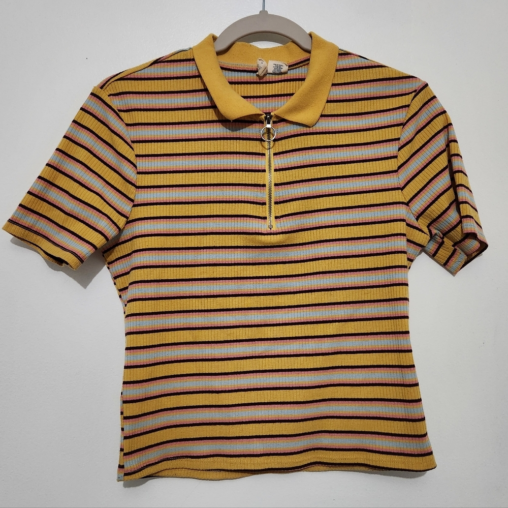 Sky & Sparrow Large Striped Ribbed Quarter Zip Crop Top Yellow Pink Blue 90s